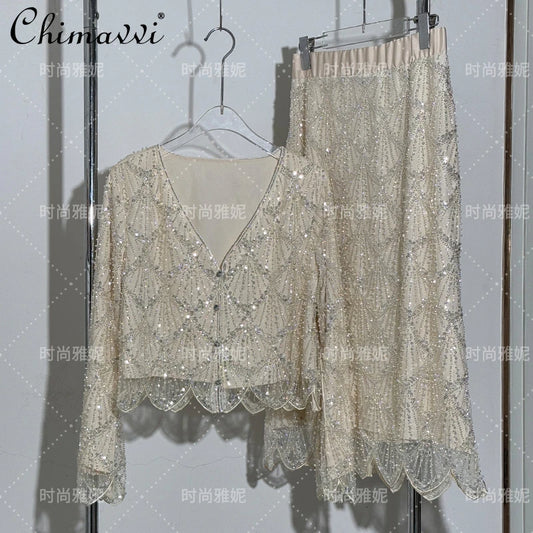 Fashion New Fashion Long-sleeved Sequined Pearl Bead Cardigan Women's Top High-waisted Skirt 2-piece 2025 Spring New Skirt Sets