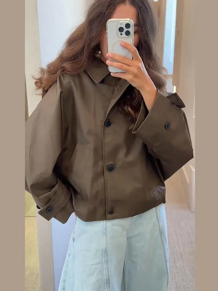 Vintage Single Breasted Women 's Treach Coats Loose Hooded Pockets Full Sleeve Short Jacket Female 2025 Autumn New Lady Outwears
