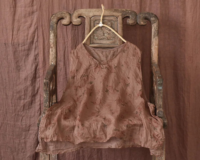 Casual Linen Tank Top With Vintage Floral Print for Women