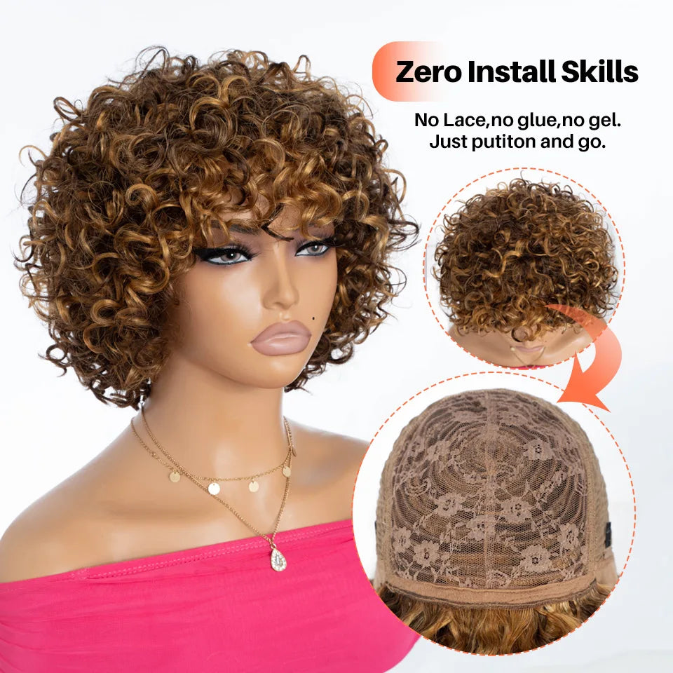 Short Kinky Curly Wig With Bangs And Mixed Highlights For Women