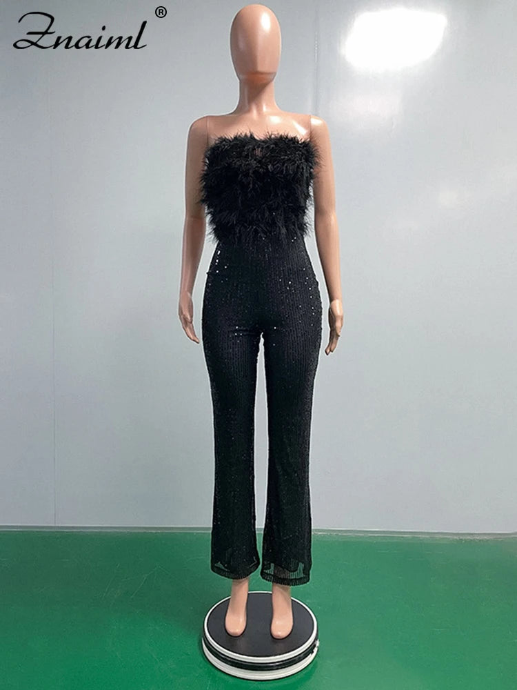 Znaiml New Luxury Sequins Jumpsuit with Colorful Feathers Sleeveless Shiny Dress Women's Evening Birathday One Pieces Rompers