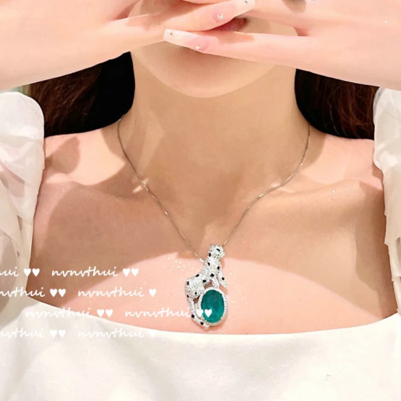 Emerald Cut Leopard Pendant Necklace With Chain for Women