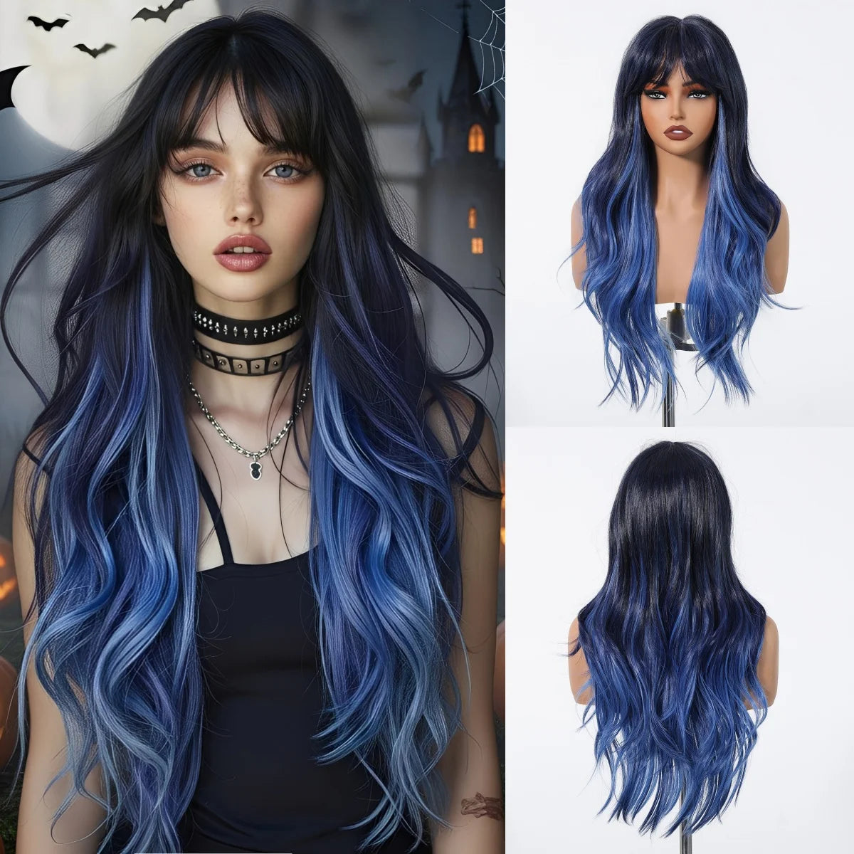 Blue Highlight Long Wavy Synthetic Wig With Bangs for Women