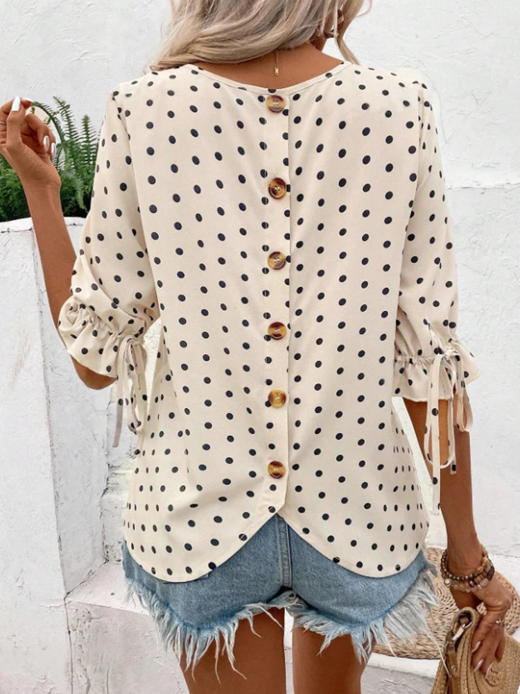 Women's Polka Dot Print Round Neck Sleeveless Shirt Spring Summer Design with Buttons and Drawstring Cuffs