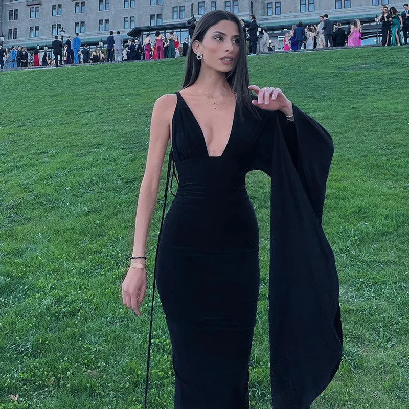 Cryptographic Fashion Draped Deep V Sexy Backless Maxi Dresses Party Club Women Elegant One Shoulder Gown Slip Dresses Ruched