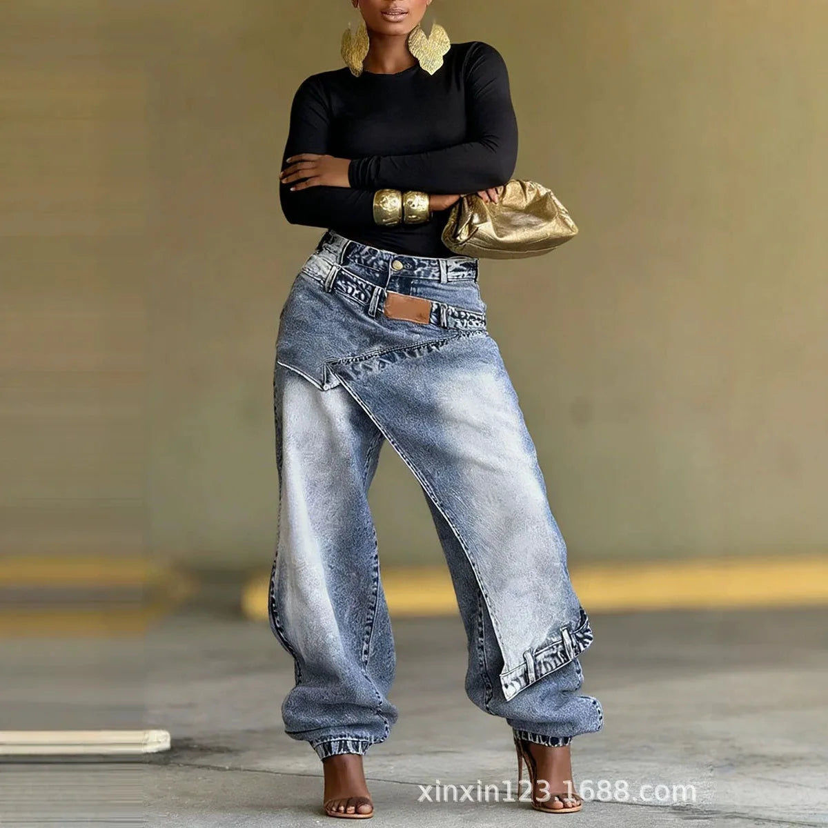 Washed Patchwork Baggy Jeans With Irregular Wrap Front for Women
