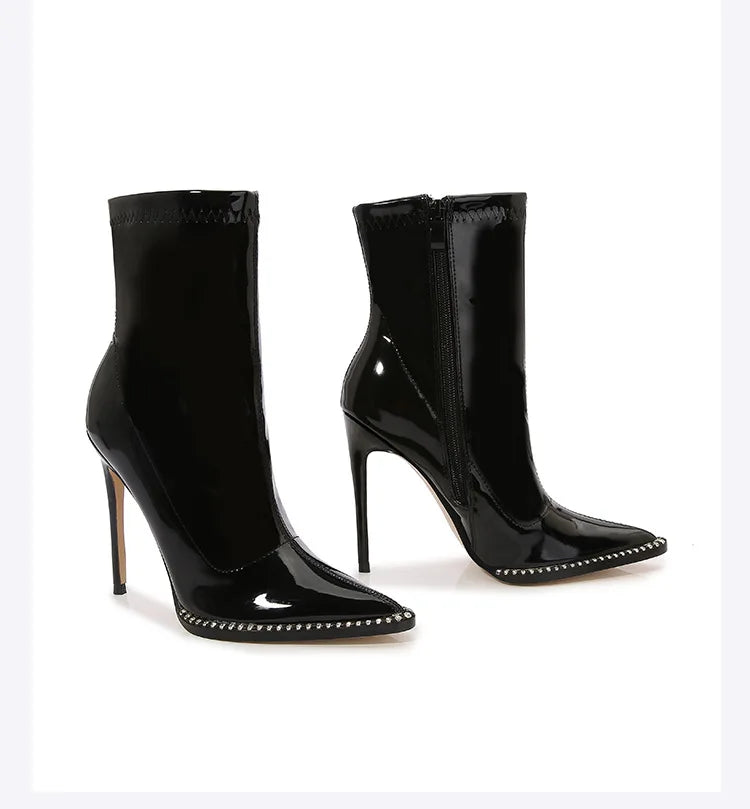 Elegant Rhinestone Bordered Side Zipper High Heel Ankle Boots for Women