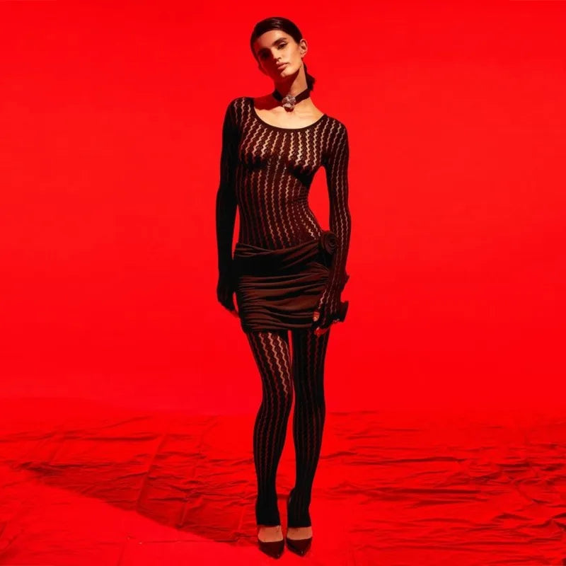 BOOFEENAA See Through Seamless Striped Jacquard One Piece Long Sleeve Jumpsuit Sexy All Black Outfits for Woman Baddie C92-DZ18