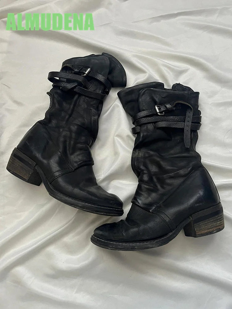 Black Minimalist Soft Leather Side Zipper Mid Calf Boots For Women