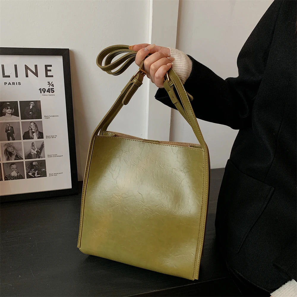 Genuine Shiny Leather Large Capacity Tote Bag for Women