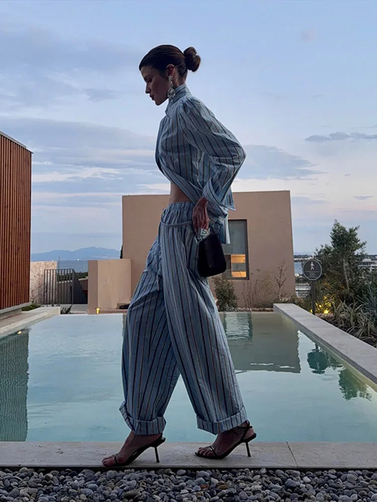 Blue Striped Puff Shoulder Shirt And Pants Set For Women