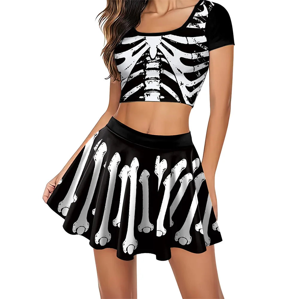 Gothic Skeleton Print Two Piece Costume Set for Women