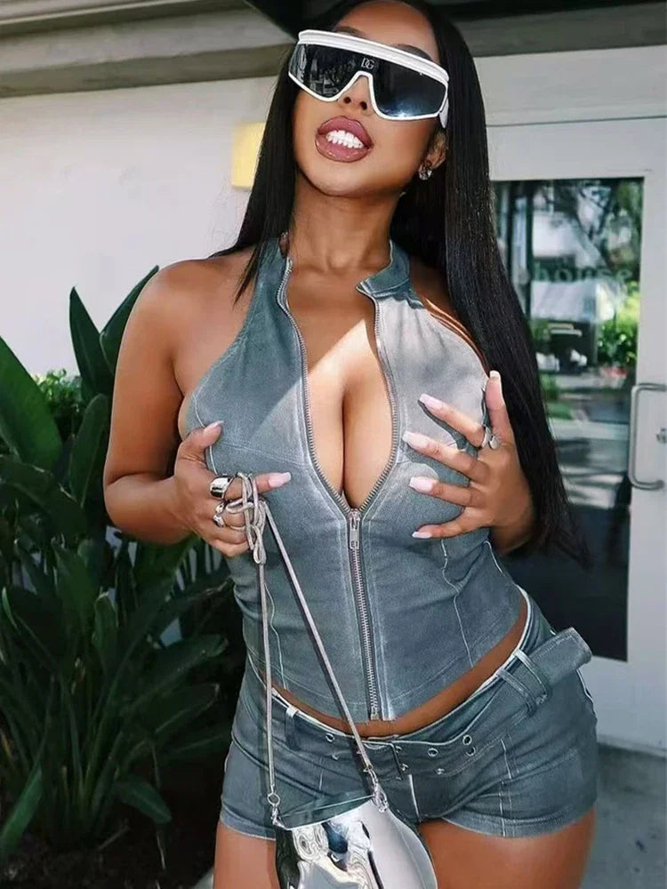 Distressed Denim Street Style Two Piece Set for Women