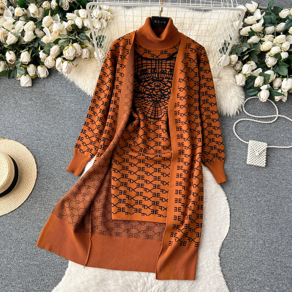 Cozy Winter Knit Dress And Cardigan