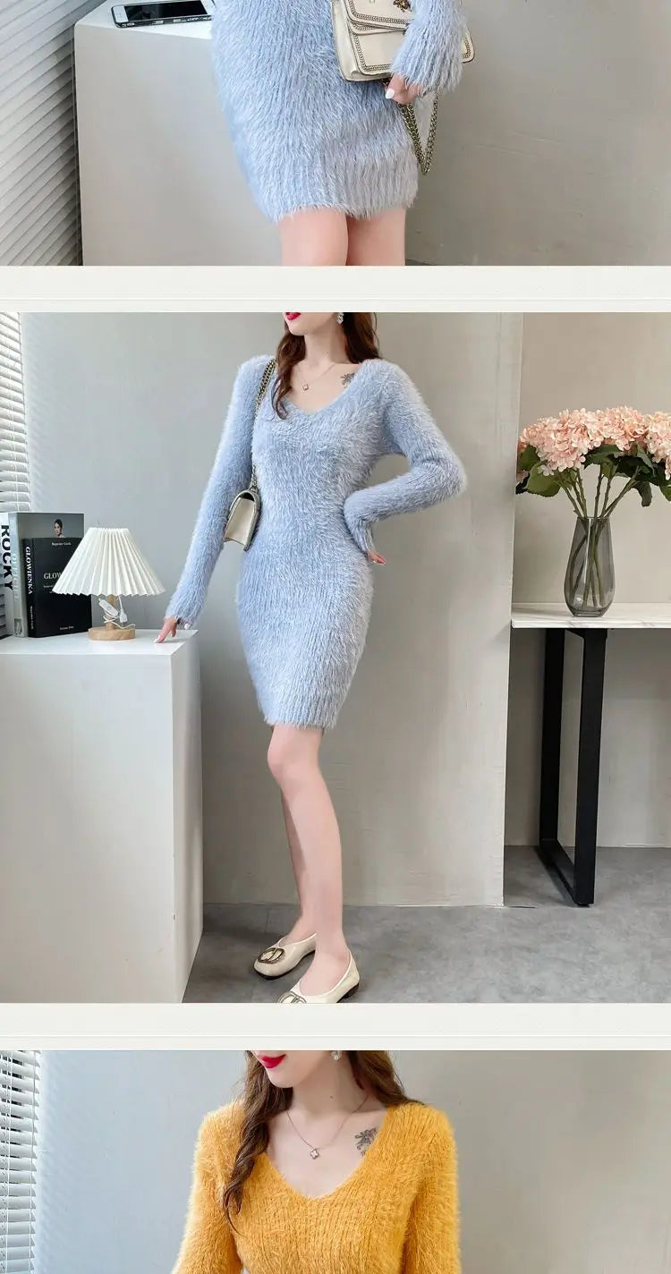 Cozy Faux Mink Knit Sweater Dress