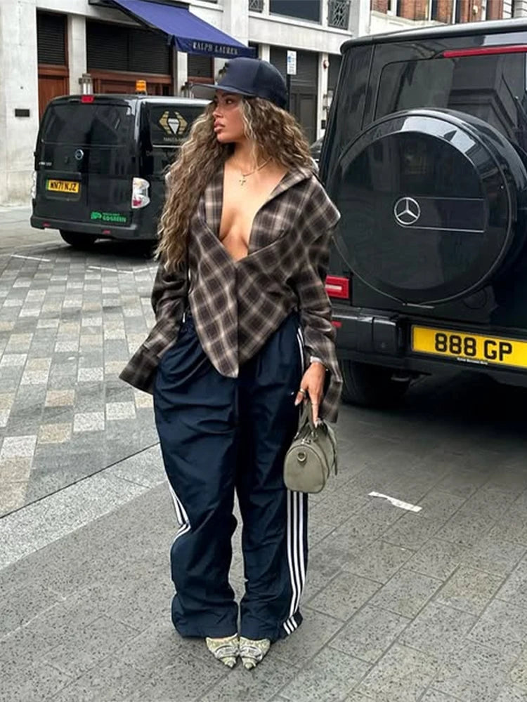 Chic Tailored Plaid Women's Shirts Unique Laple Contrast Full Sleeve Oversize Female Blouse 2025 Autumn Fashion Lady Streetwears