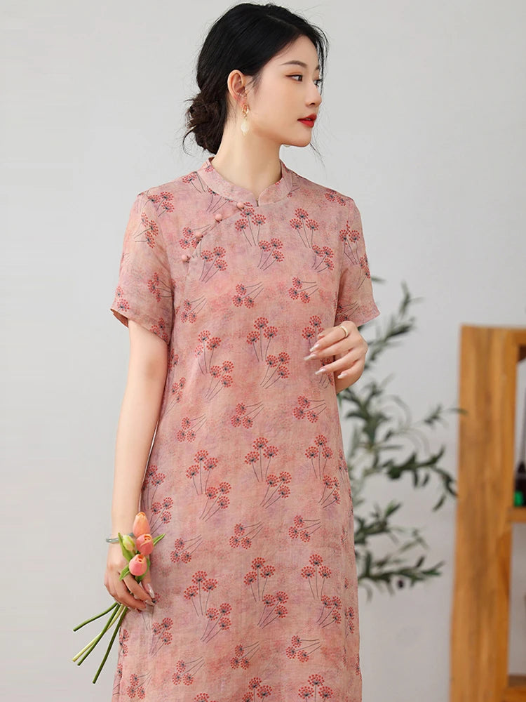 Elegant Floral Vintage Ramie Cheongsam Dress for Women