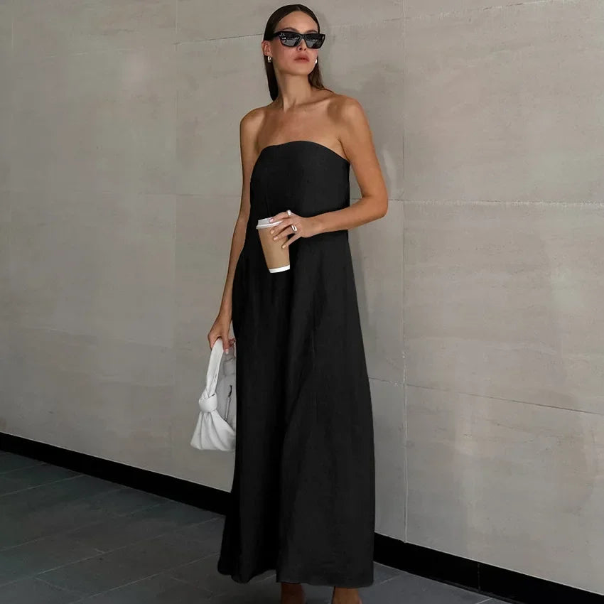 Solid Color Strapless Sleeveless Pocket Dress for Women