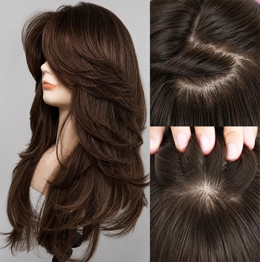 Silk Base Wavy Human Hair Wig With Natural Bangs For Women
