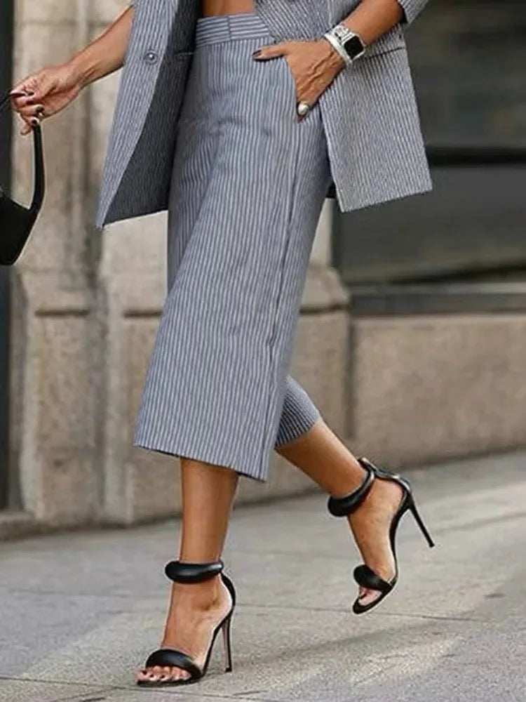 Gymystars Autumn New Women's Clothing Pant Sets Fashion Loose Lapel Blazer High Waisted Suit Pants Casual Stripes Two Pieces Set