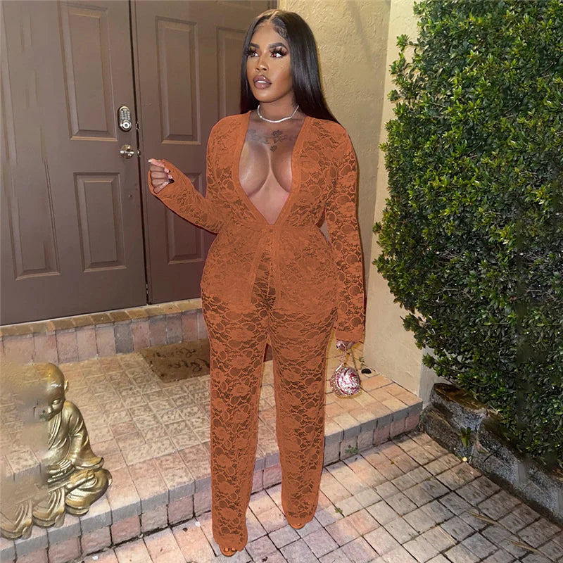 Sexy Lace Sheer Open Stitch Two Piece Set for Women