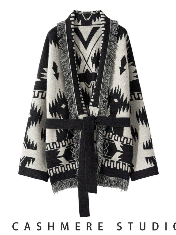 Luxury Women Vintage Tassels Cardigan 100% Cashmere Knit Jacquard Sweater Coat Autumn Winter High Quality Female Clothing Tops