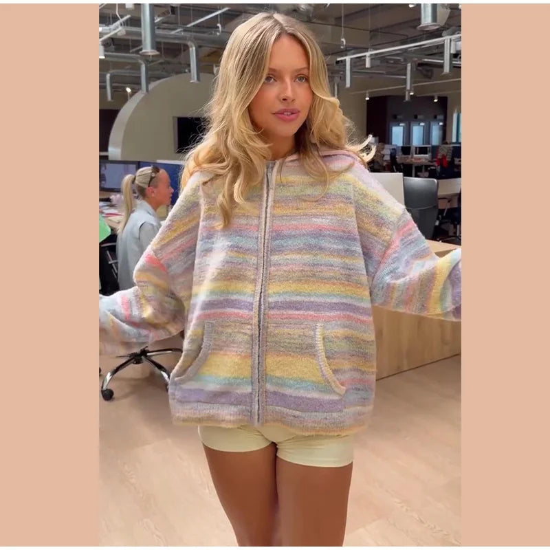 Colorful Rainbow Stripe Hooded Knit Cardigan for Women