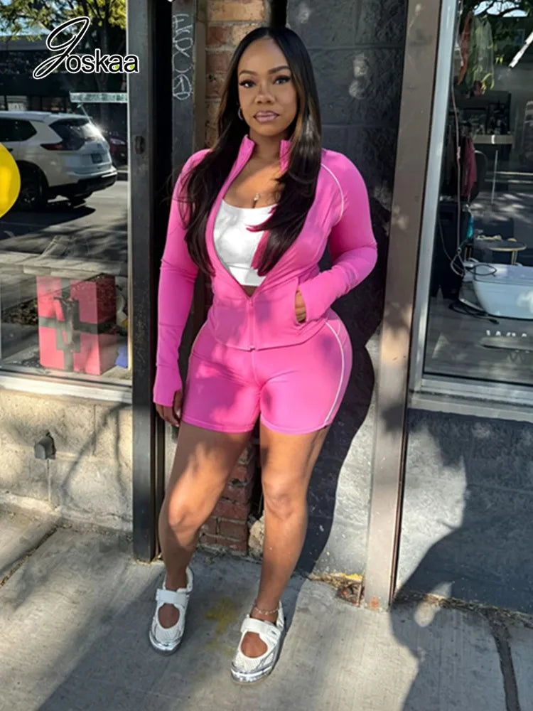 Casual Sporty Zip Up Long Sleeve Thumb Hole Two Piece Set for Women