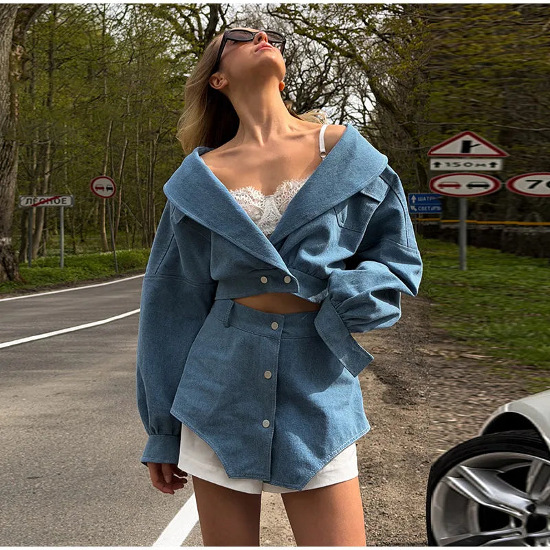Lapel Jacket and Ruffle Hem Shorts Two-Piece Set for Women