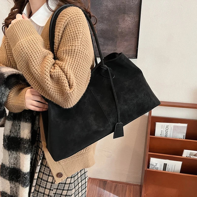 Luxurious Faux Suede Pure Color Retro Shoulder Tote Bag for Women