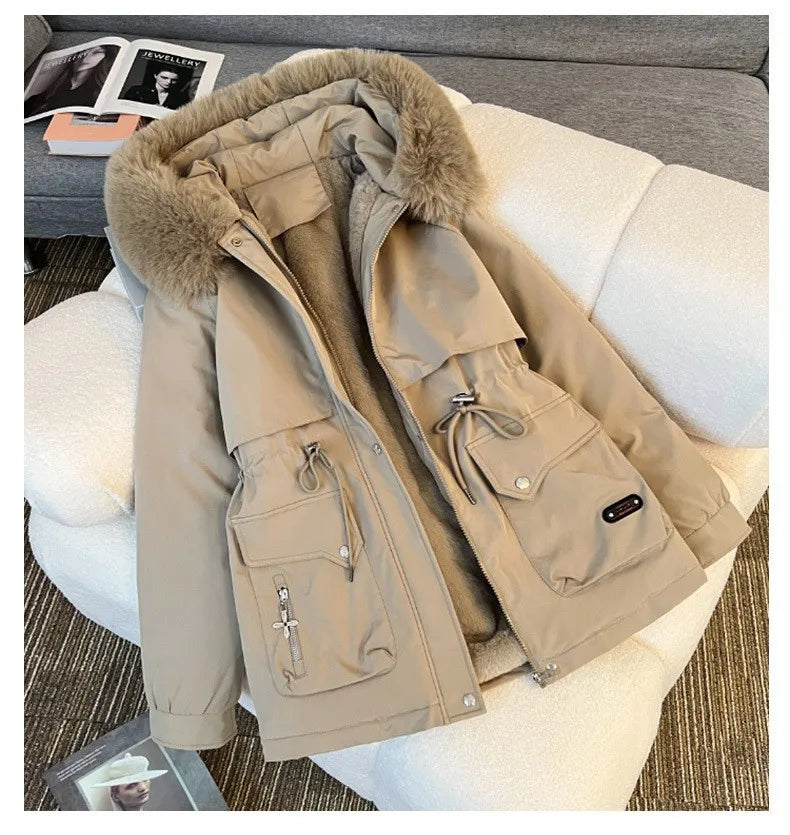 Korean Style Quilted Hooded Coat With Fur Collar For Women