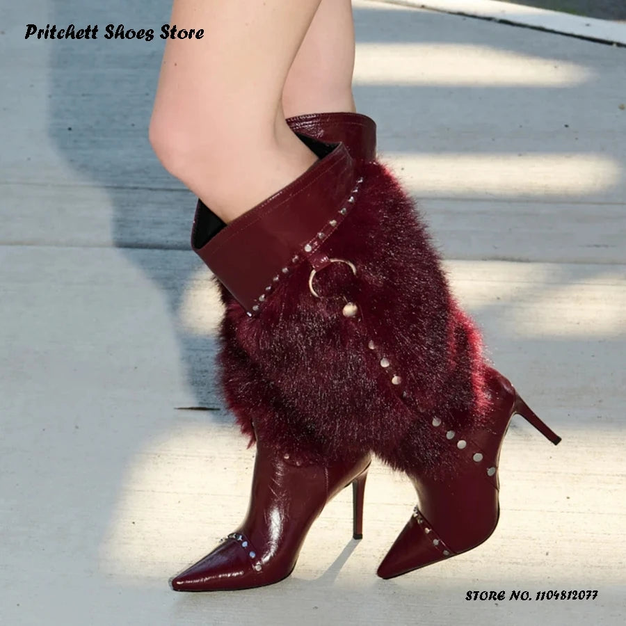 Studded Faux Fur Knee High Open Toe Stiletto Boots for Women