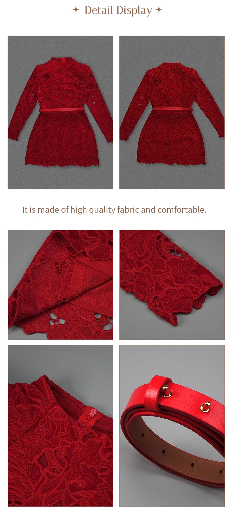 Retro Glamour Red Lace Waist-Cinched Mini Dress for Women