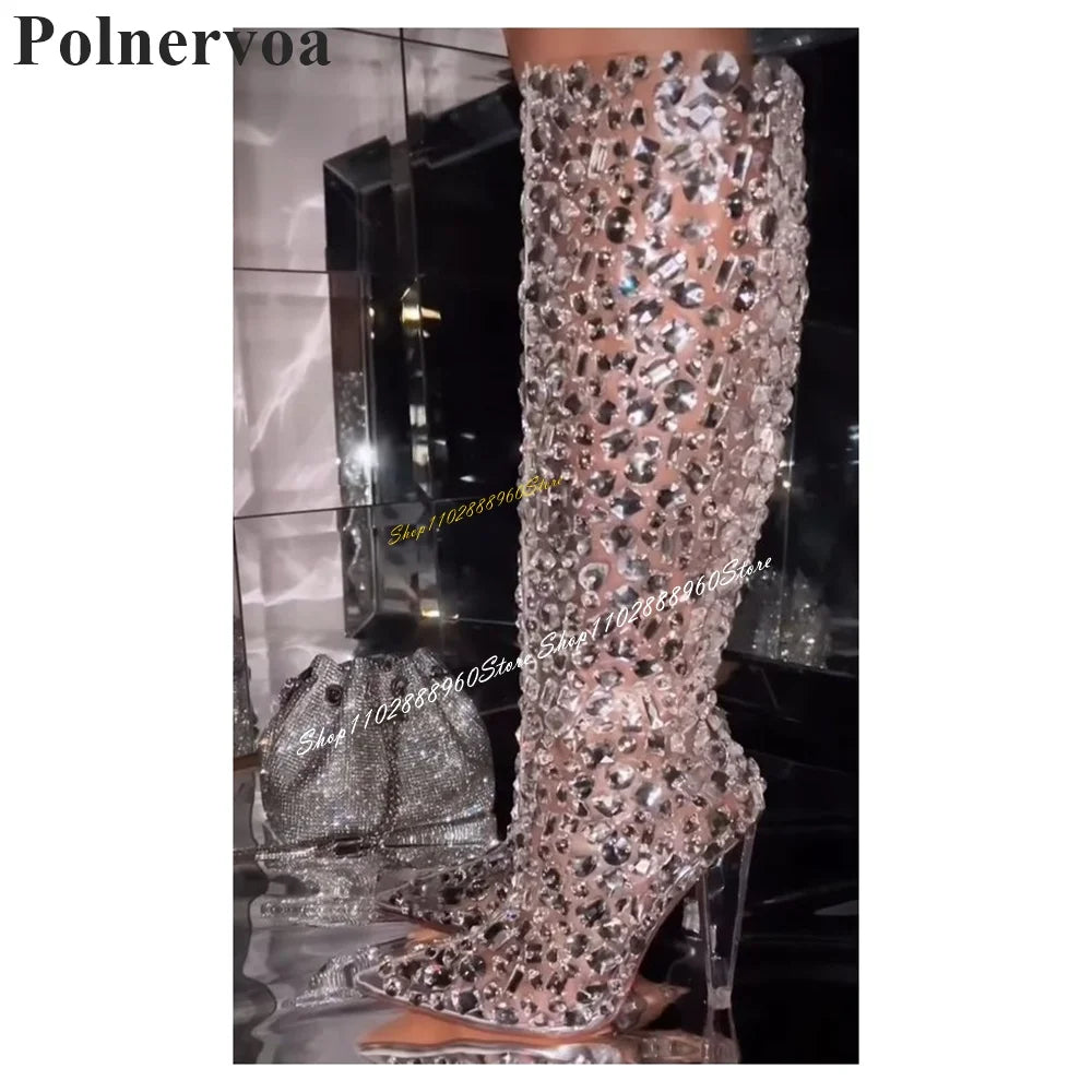 Knee High Transparent Heel PVC Crystal Boots High Heel Shoes For Women Side Zipper Pointed Toe 2024 Fashion Zapatos Para Mujere