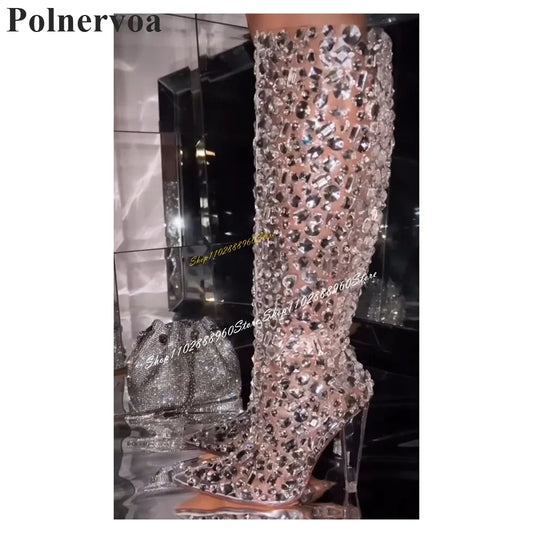 Knee High Transparent Heel PVC Crystal Boots High Heel Shoes For Women Side Zipper Pointed Toe 2024 Fashion Zapatos Para Mujere
