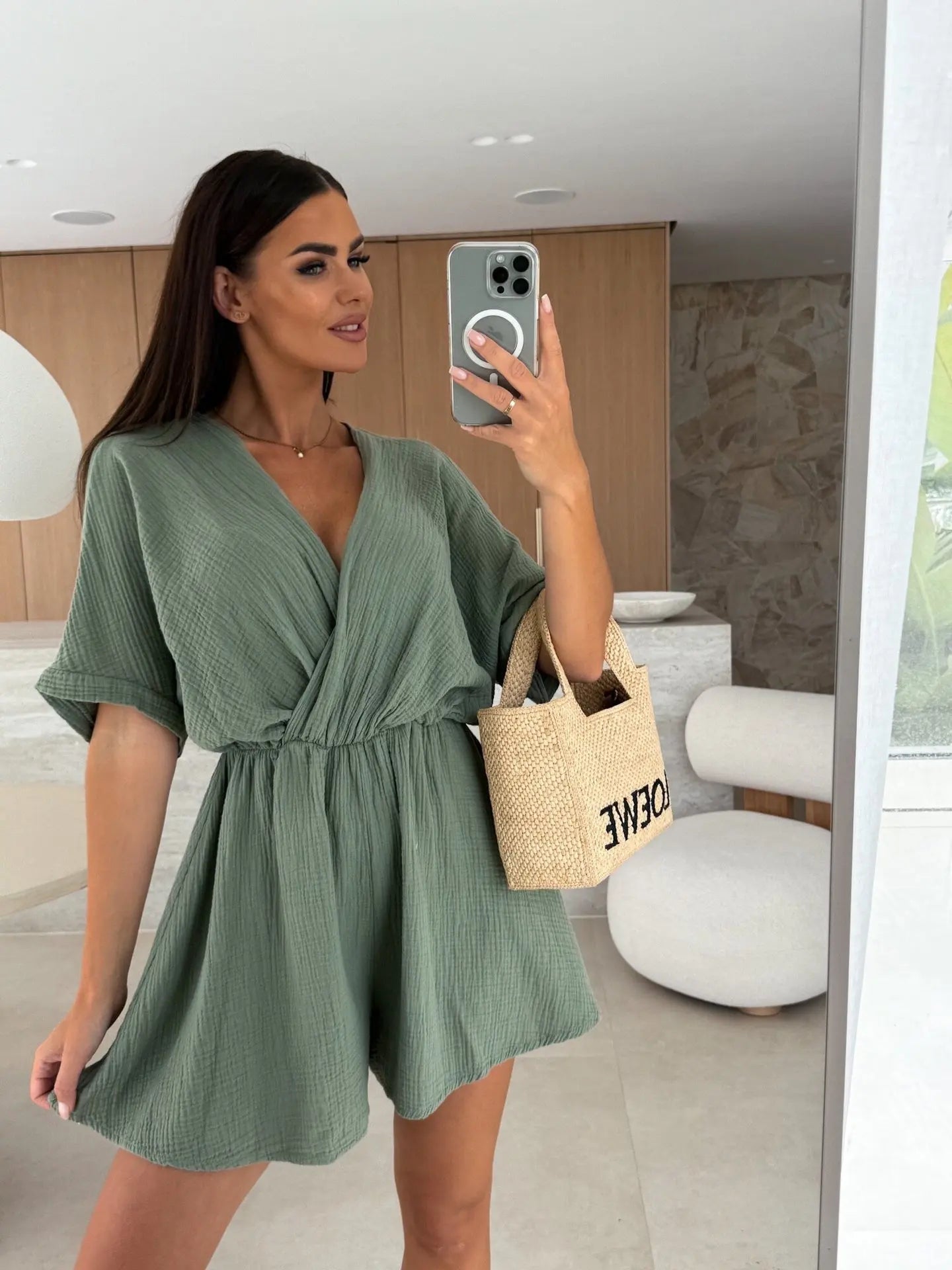 Elegant Deep V Neck Short Sleeve White Romper for Women