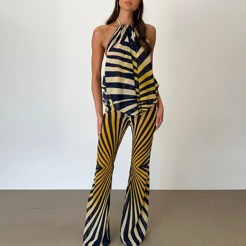 Retro Geometric Stripe Two Piece Set With Halter Top And Flare Pants for Women