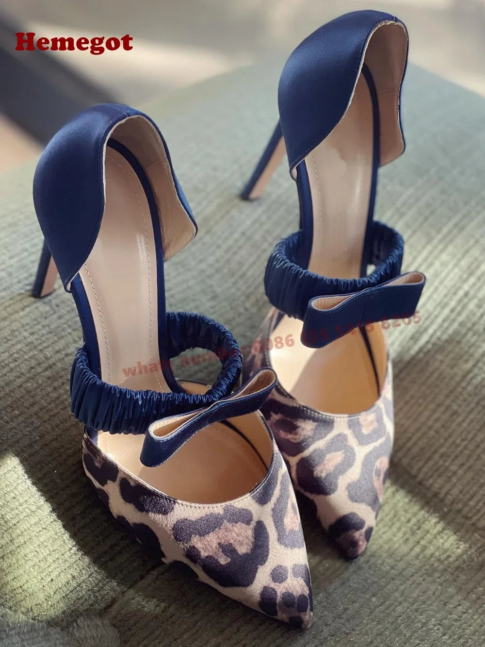 Leopard Bow Detail Blue Satin Pumps Pointed Toe for Women