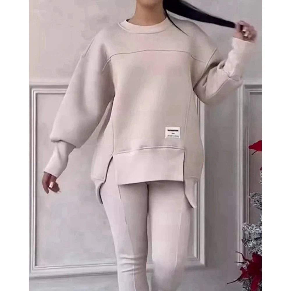 Sporty O-neck Long Sleeve Asymmetrical Sweatshirt & Skinny Pants Set Two Piece Outfits Tracksuit Sets Fall Clothing