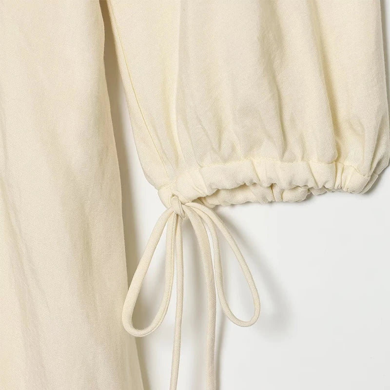 Lace Up Pleated Lantern Sleeve Midi Dress for Women