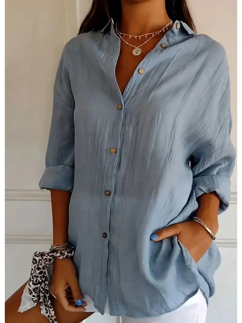 Relaxed Fit Long Sleeve Solid Color Blouse For Women
