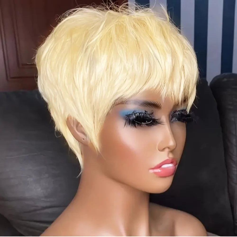 Brazilian Human Hair Wig Pixie Cut with Bangs Full Machine-Made Wig for Black Women Short Hair Wig
