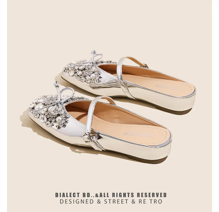 Pearl Bow Embellished Square Toe Flat Shoes For Women