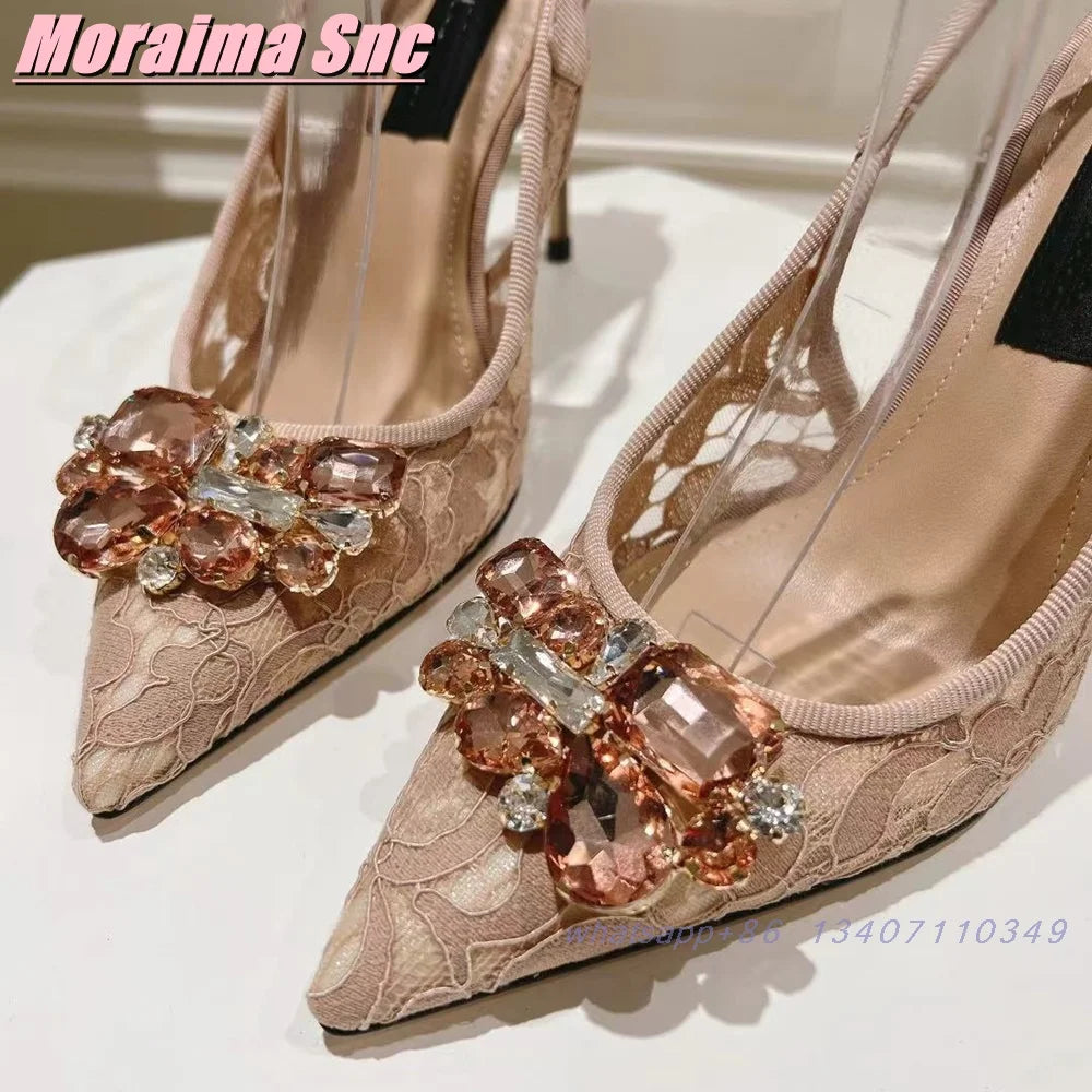 Elegant Crystal Lace Pointed Toe Slingback Sandals for Women