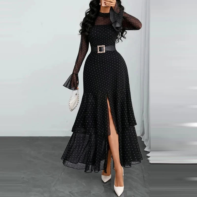 Pleated Polka Dot Ruffle Sleeve Maxi Dress for Women