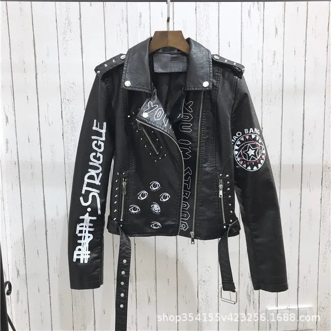 Rivet Zipper Faux Leather Motorcycle Jacket for Women