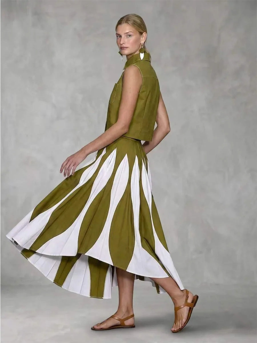 Bonboho 2026 New Women's Elegant Skirt Set Sleeveless Shirt Top & High Waist Pleated Contrast Color Skirt Casual Two-piece Set