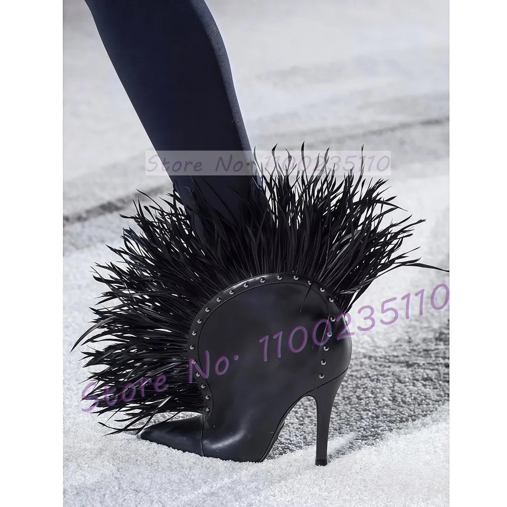 Feather Trimmed Leather Pointy Toe Ankle Boots For Women