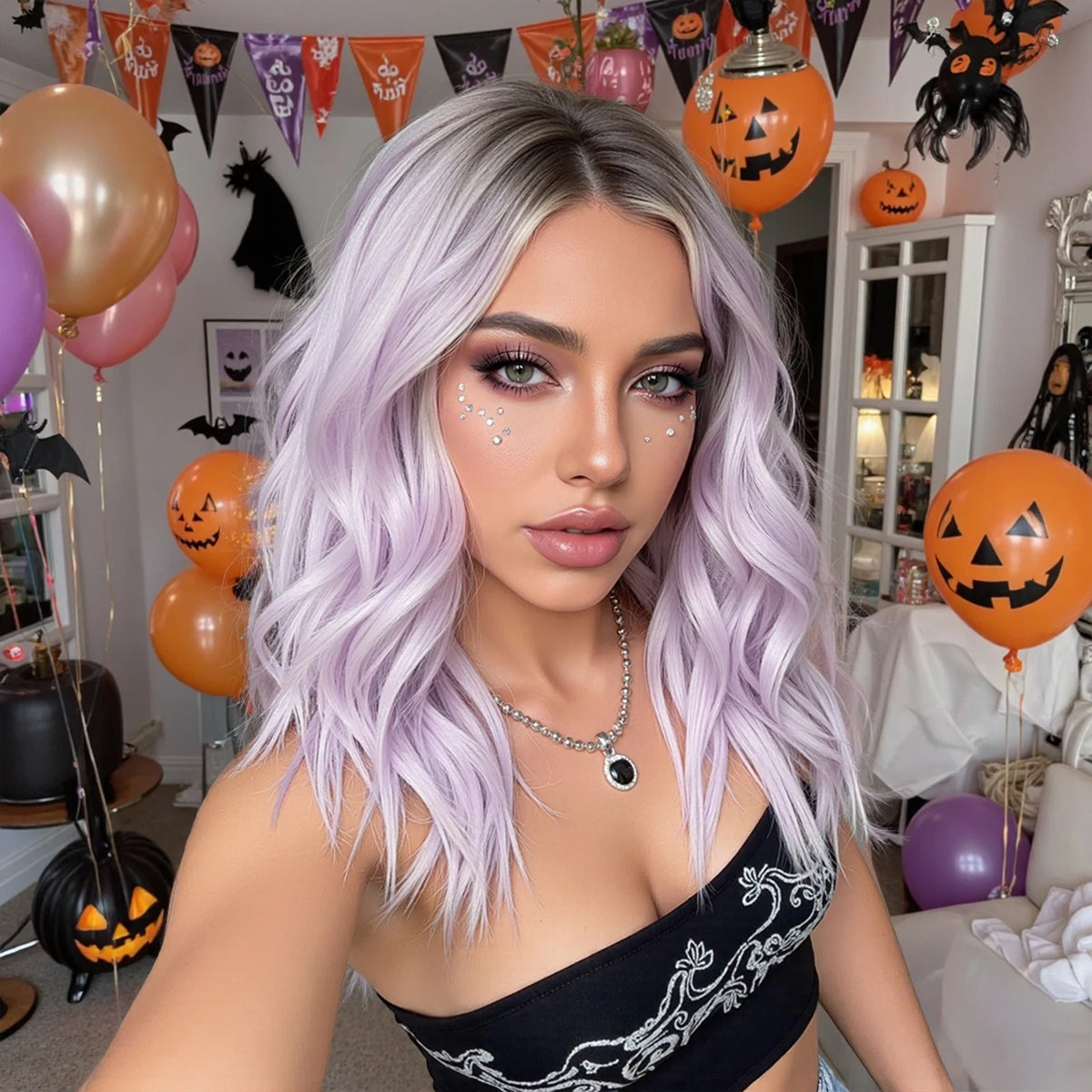 Heat Resistant Purple Ombre Short Curly Medium Part Wig For Women