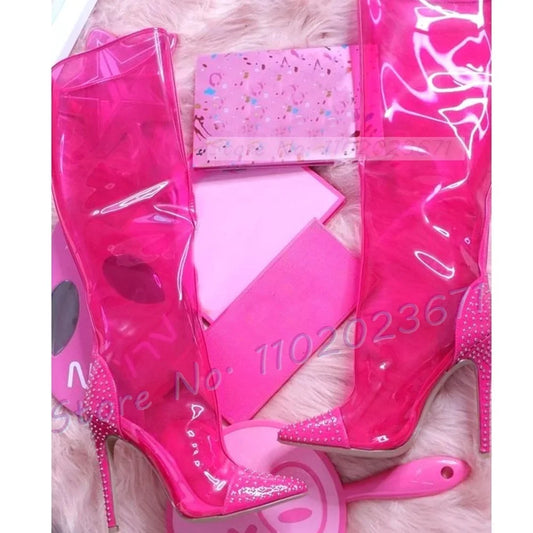 Pink Crystal Patchwork Knee High Boots